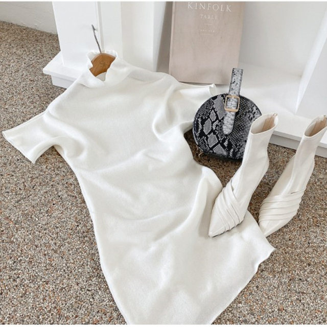 High neck short-sleeved dress with slim fit and slim temperament simple and versatile solid color short skirt wool base skirt spring and autumn
