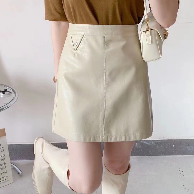 2023 Autumn New Products Korean Desle Washing PU Leather High waist A -line skirt Anti -light short skirt Fast and thin