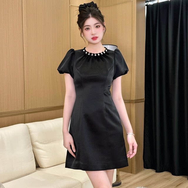 One-shoulder dress for women with high-end fashion brand summer round neck waist-hugging new short-sleeved high-end temperament gray and fashionable