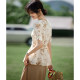 XWI Xinwei Elegant Small Square Collar Tree Photo Printing Shirt 2024 Summer Chic Fashionable Waist Short Sleeve Shirt for Women