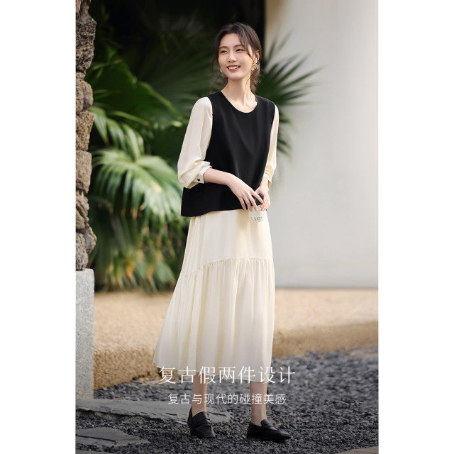
XWI Xinwei elegant round neck fake two-piece contrasting color splicing dress for women in autumn design slim lady skirt