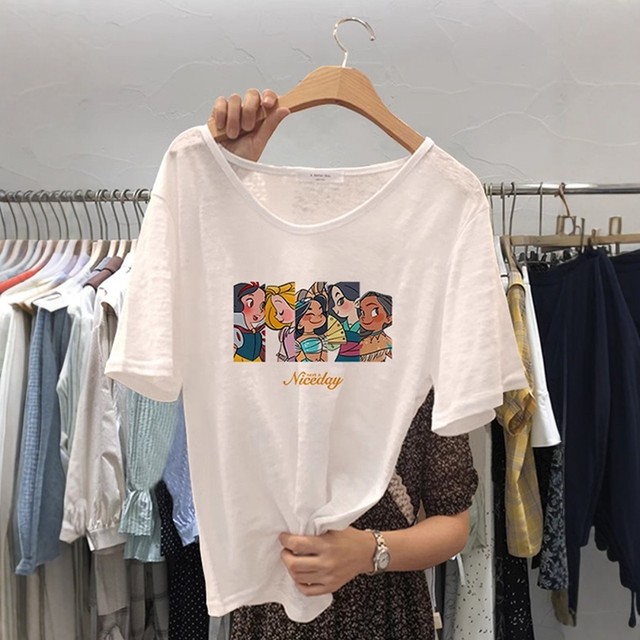 Bamboo joint cotton short-sleeved V-neck T-shirt for women 2025 summer new Korean loose cotton cartoon printed white top