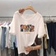 Bamboo joint cotton short-sleeved V-neck T-shirt for women 2025 summer new Korean loose cotton cartoon printed white top