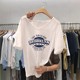 Bamboo joint cotton short-sleeved V-neck T-shirt for women 2025 summer new Korean loose cotton cartoon printed white top