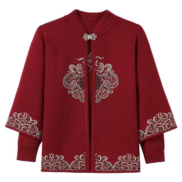 Elderly grandmother's autumn clothing female knit sweater winter jacket Middle -aged and elderly mother red natal year wedding top
