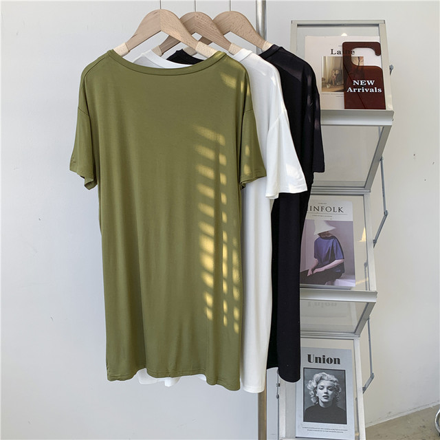 
Modal dance skirt uniform yoga clothes V-neck short-sleeved mid-length T-shirt for women's army green loose straight short-sleeved skirt T