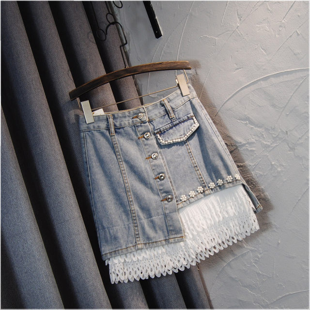 High -waisted denim skirt Female summer and autumn money sweet lace stitching pearl button pocket pocket A -line hip hip skirt