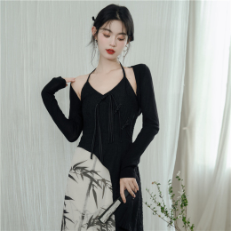 New Chinese style national style cheongsam cool black sling dress with cardigan sweet and spicy unique hanging neck dress