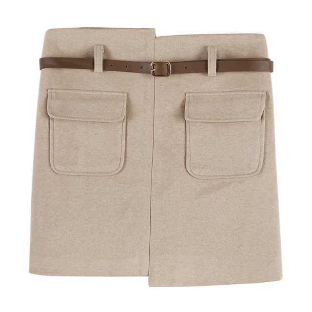 2023 Autumn and Winter New High Waist Belted Black Woolen Skirt Short Skirt Women's Chic Hip Bottoming A-Line Skirt Trendy