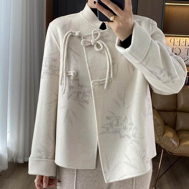 Chinese style printed temperament wool coat retro buckle double-sided short jacket age-reducing Australian wool top