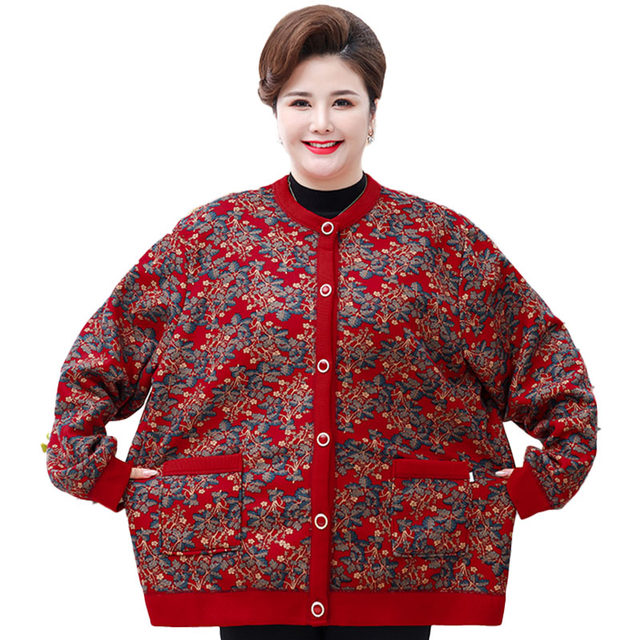 Autumn and winter large size grandma plus velvet 200 Jin [Jin equals 0.5 kg] plus fat plus size middle-aged and elderly women's warm fat mother's jacket