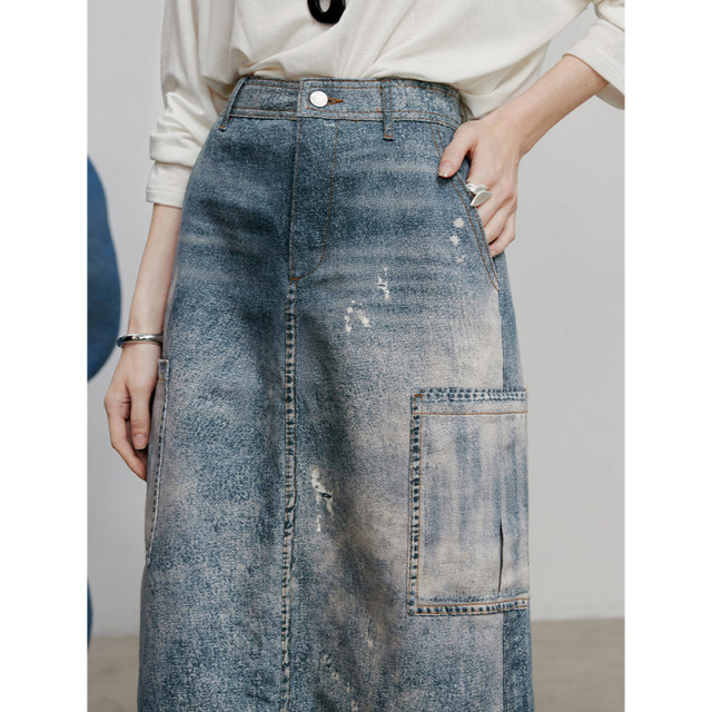 Chuyu Cold transfer printed cloud denim skirt women's 2025 retro high waist long skirt tall skirt
