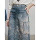 Chuyu Cold transfer printed cloud denim skirt women's 2025 retro high waist long skirt tall skirt
