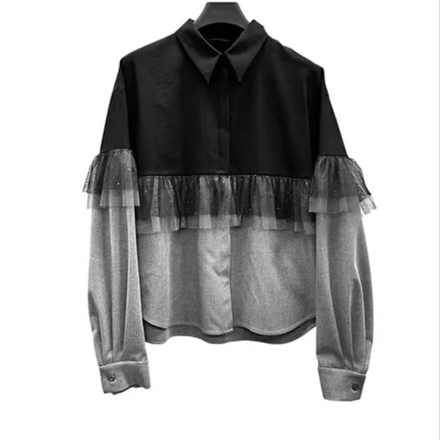 2025 Spring and Autumn New Women's Clothing SD Elastic waist Wide wide-leg chants versatile contrasting color splicing long-sleeved shirt set