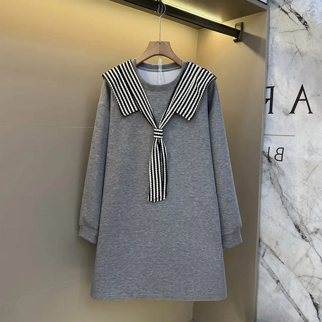 Large size women's striped shawl collar long-sleeved dress Fat sister Korean mid-length slim black casual skirt