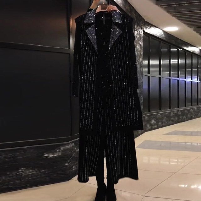 Plus size women's clothing autumn new mid-length belly-covering vest wide-leg pants fat girl heavy industry bright diamond three-piece set