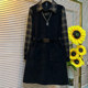 Large size women's lapel splicing plaid long-sleeved autumn and winter casual skirt fat girl looks slim and fake two-piece dress