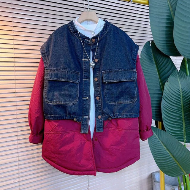 Add fat -size women's clothing stitching denim horsema fake two cotton jackets, fat sister in winter, leisure top tide