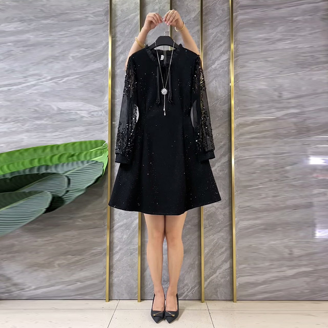 Fat sister plus fat bright diamond mesh long sleeve dress with large size women's French temperament relaxed mid-length skirt