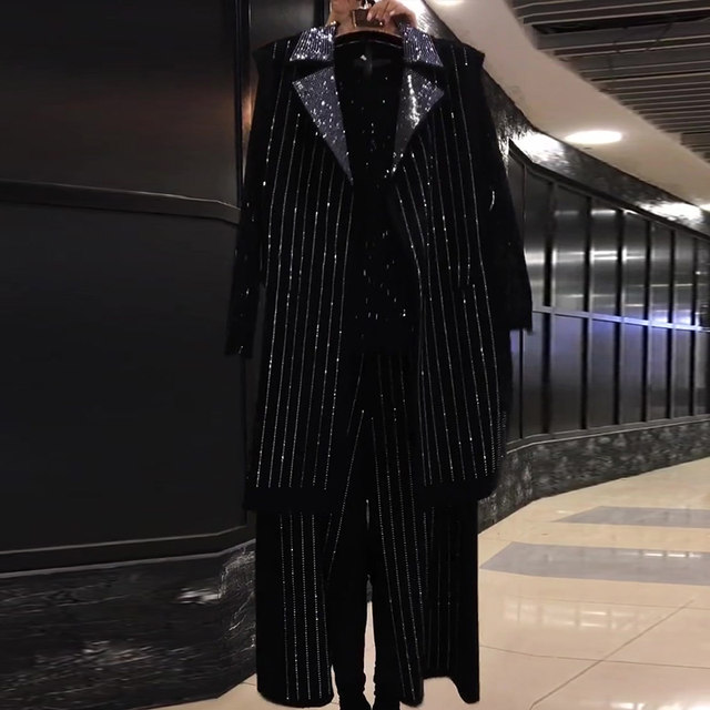 Plus size women's clothing autumn new mid-length belly-covering vest wide-leg pants fat girl heavy industry bright diamond three-piece set