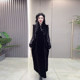 Large size women's long-sleeved lace base shirt fat girl black retro style slim standing collar button long vest skirt