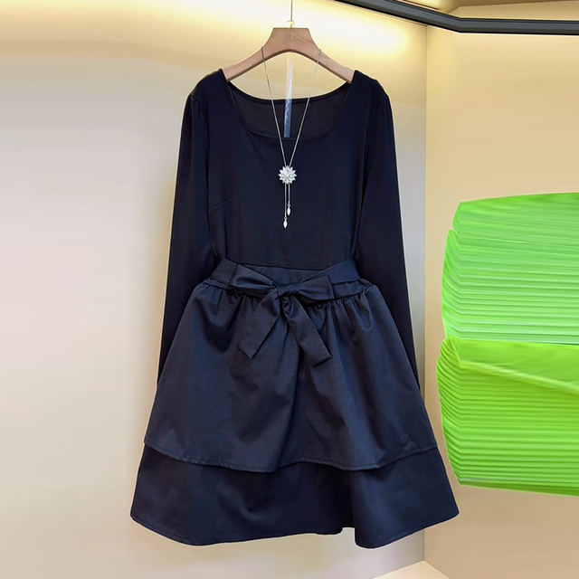 Plus size women's round neck spliced ​​skirt long-sleeved dress fat sister autumn mid-length slim waist casual skirt