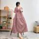 Summer new retro wind cotton sediment, short -sleeved V -neck dressing dress feminine large size thin A -line long skirt
