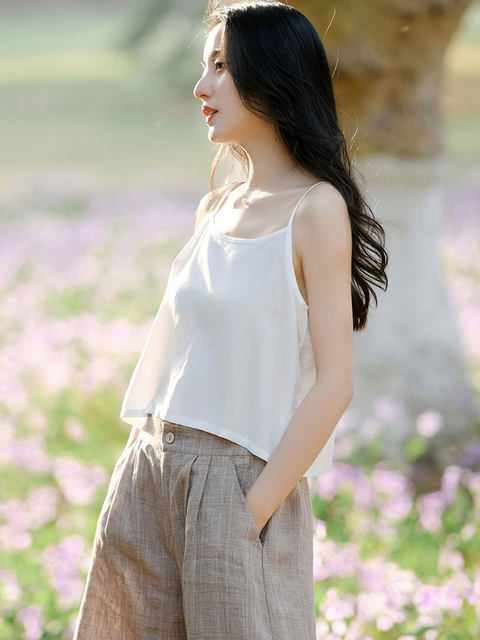 Human cotton vest women with suspended band sexy outside wearing short tops with shirt loose bottom shirt white