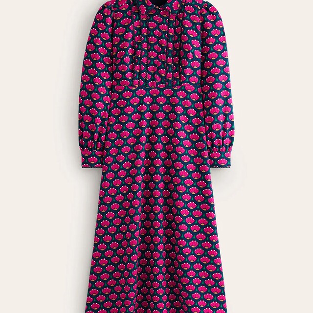 British style slim high waist lace decorative zipper placket puff sleeve printed A-line dress 2 colors
