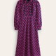 British style slim high waist lace decorative zipper placket puff sleeve printed A-line dress 2 colors
