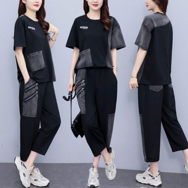 Large size fashion casual suit for women 2025 new summer fat MM loose spliced ​​denim short-sleeved pants two-piece set