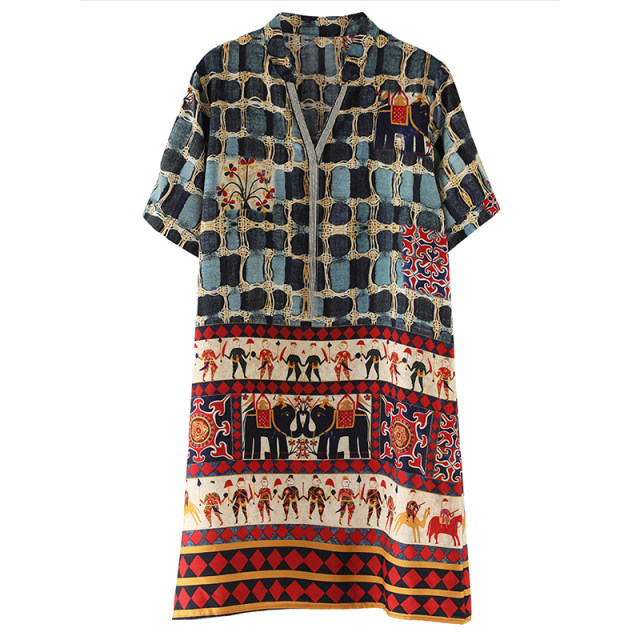 Fat sister ethnic style printed skirt 2025 summer new small V-neck loose short-sleeved dress trendy women