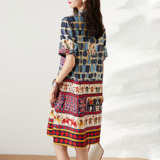 Fat sister ethnic style printed skirt 2025 summer new small V-neck loose short-sleeved dress trendy women