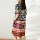 Fat sister ethnic style printed skirt 2025 summer new small V-neck loose short-sleeved dress trendy women