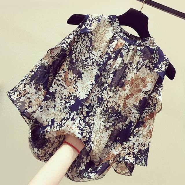 Large size women's clothing fat girl is popular in summer this year's off-shoulder short-sleeved chiffon shirt with floral style and slim tops
