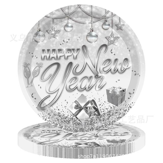 Black gold and silver new year happy theme disposable paper plate table cloth tissue party set decorative decoration supplies