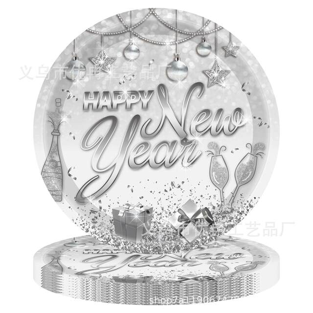 Black gold and silver new year happy theme disposable paper plate table cloth tissue party set decorative decoration supplies