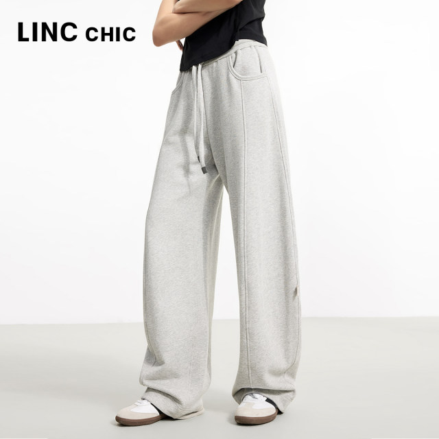 LINC Jin Yujie 2025 new gray waist pants styling high waist wide-leg pants casual pants for women