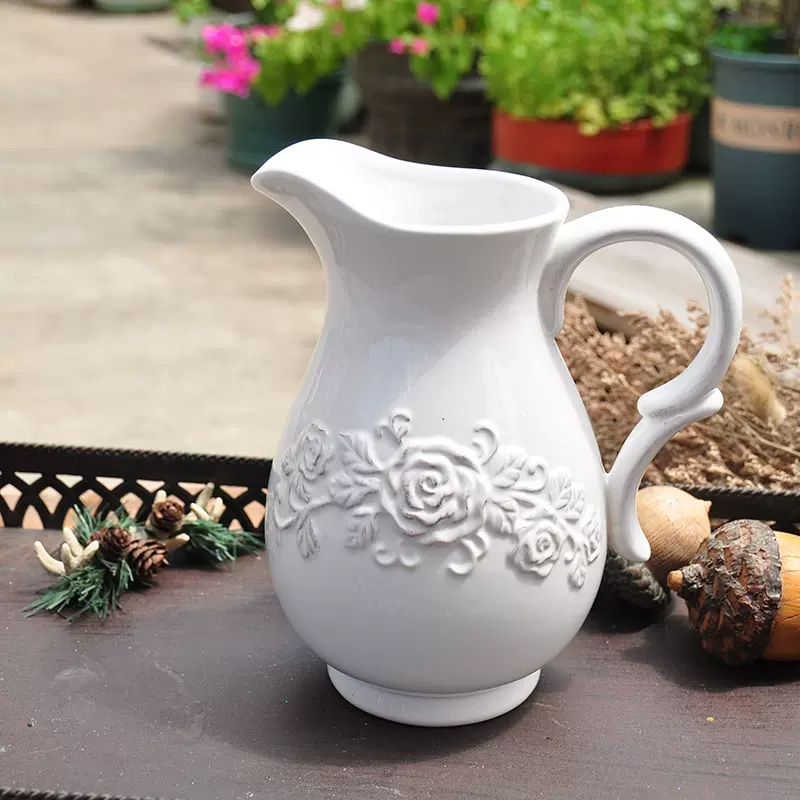 特价外贸欧式雕花陶瓷白色手提花壶花瓶家居花园园艺摆件装饰品