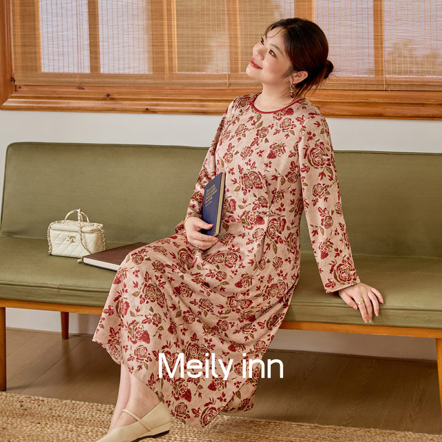 Beautiful Inn Dress Plus Size Women's Clothes Fat mm Covers Belly Light Luxury High-Quality Winter New Style Rose Print Skirt