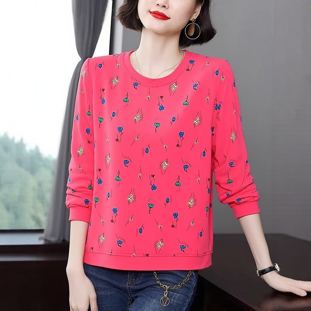 Middle-aged and elderly mothers' autumn long-sleeved 2025 new loose cotton women's tops thin floral printed T-shirts