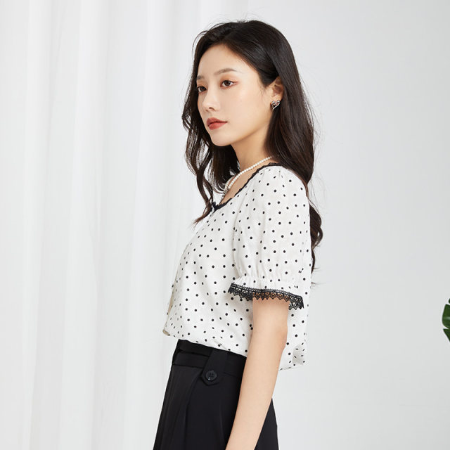 Jinyuan short chiffon shirt for women 2022 summer new fashion polka dot lace square collar short sleeve top A222122