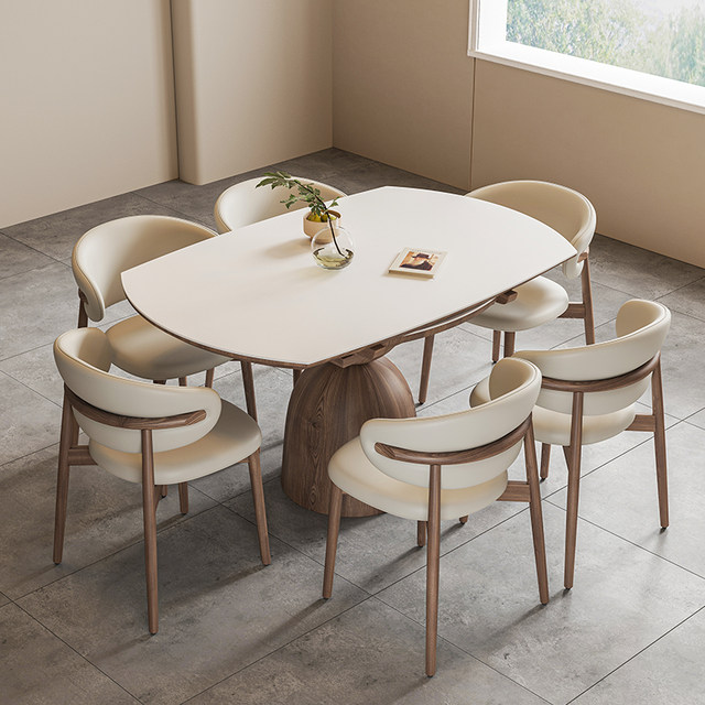 Retractable Nordic modern solid wood rock slab round dining table ...