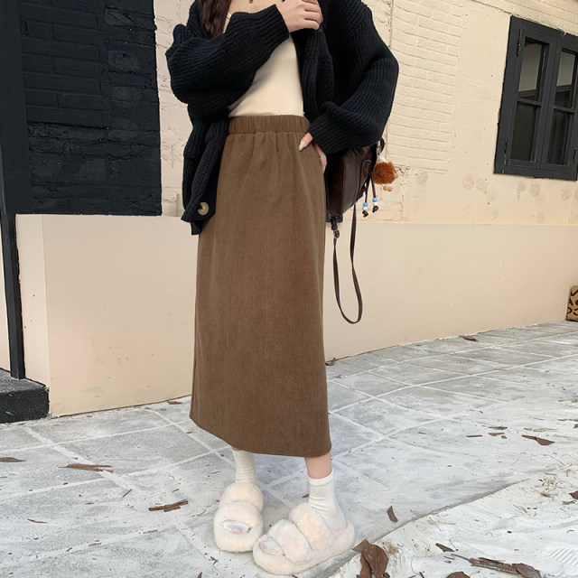 Black A-line skirt for women in autumn and winter plus size fat mm giant slim skirt small slit high waist straight long skirt