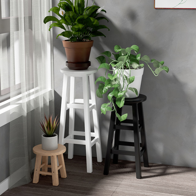 Log wood black and white garden stool indoor solid wood reinforced high-leg flower table gardening flower stand installation bar high stool