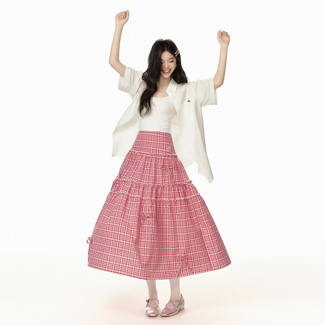 
EPTISON skirt for women 2025 summer new loose sweet bow girl style a line retro plaid skirt
