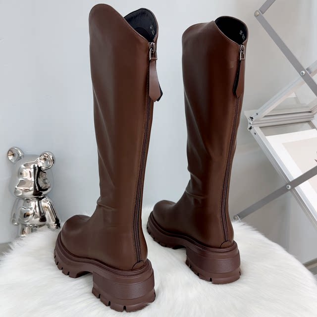 Genuine leather long boots 2025 high tube knight boots women's height increase 6cm thick sole waterproof platform women's motorcycle boots thin boots