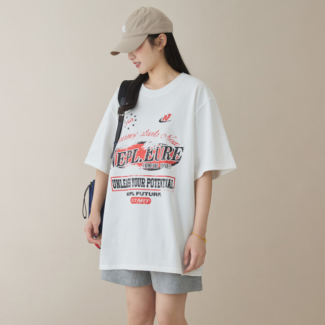 American retro fun printed white black short-sleeved T-shirt for women loose casual 260g pure cotton couple half-sleeved shirt
