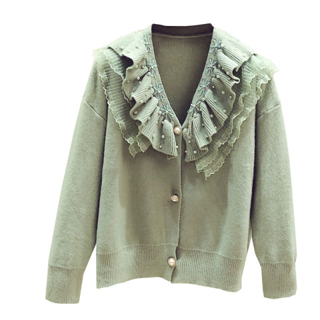 Sweet Heavy Industry Mesh Beaded Ruffle V-neck Long Sleeve Knitted Cardigan Women's 2025 Autumn and Winter New Casual Jacket
