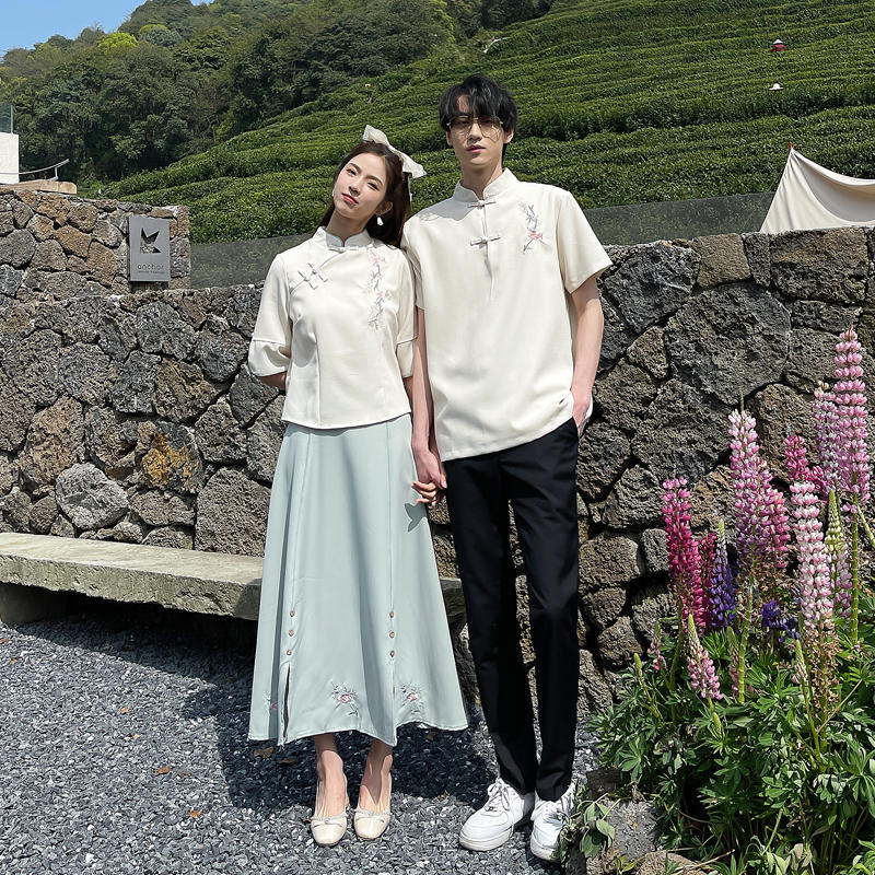 中国风情侣装夏季短袖套装文艺复古上衣女裙民国唐装男女学生班服